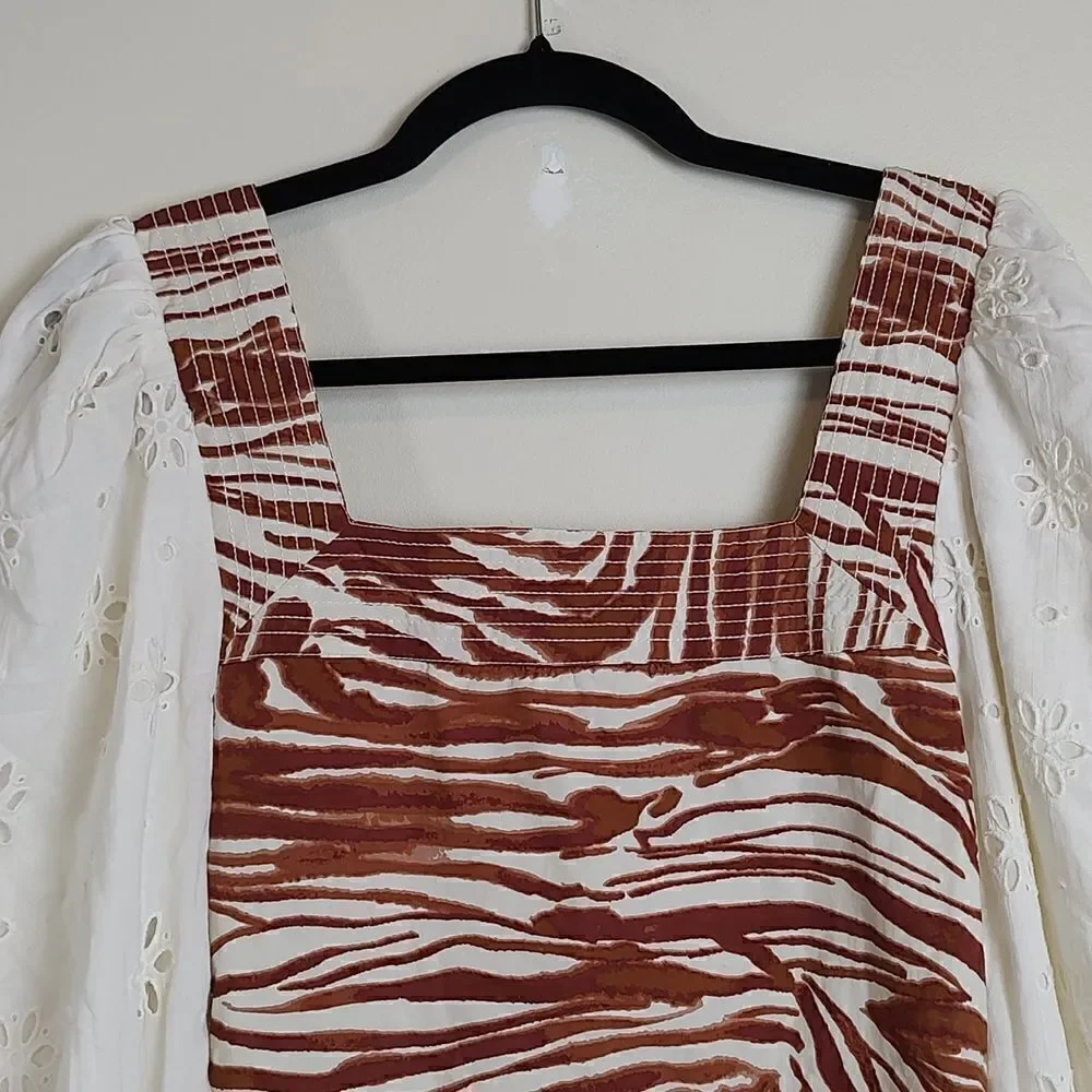 Anthropologie love the label Smocked Animal Print Eyelet Puff Sleeve Blouse NWT